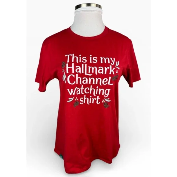 ✨2/$20 Hallmark Embroidered Red Holiday Festive Movie Watching Cotton T-Shirt XL - Picture 1 of 10